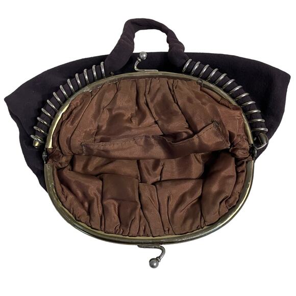 VTG Purse Brown Felt Brass Spiral Clutch Handbag Retro MCM Classy Art to Wear - Picture 3 of 7